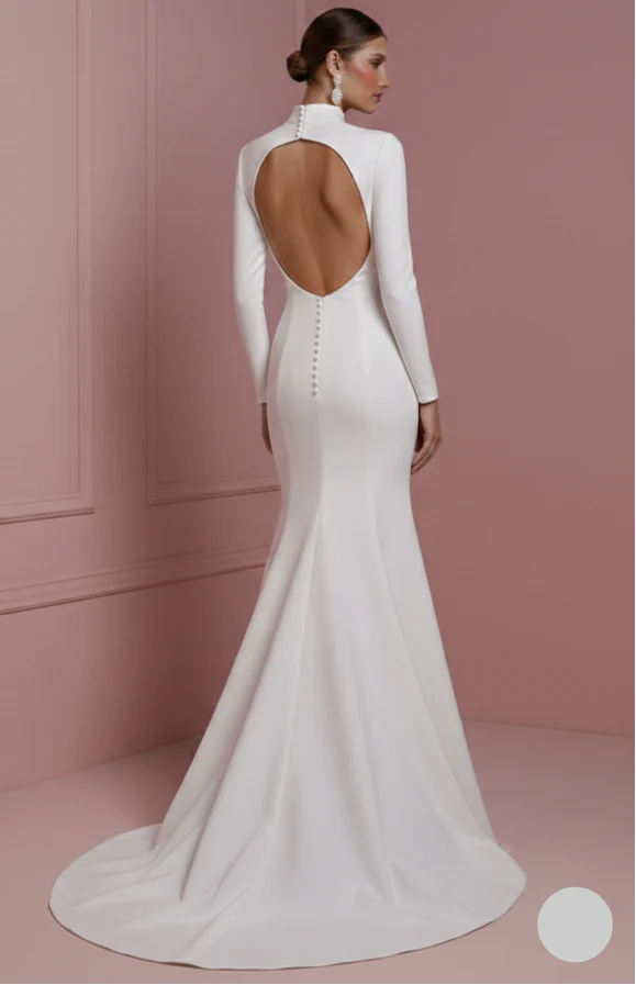 Long Pearl Trim Wedding Dress Classic Mermaid Tulle Gown - Image 3