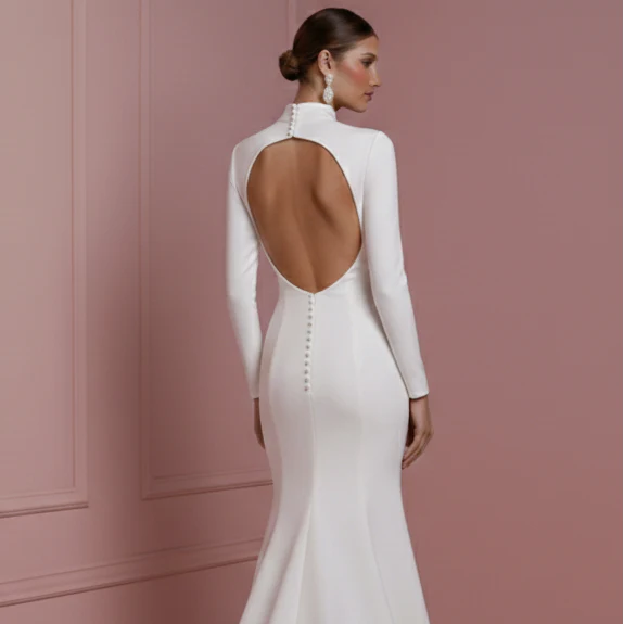 Long Pearl Trim Wedding Dress Classic Mermaid Tulle Gown - Image 5