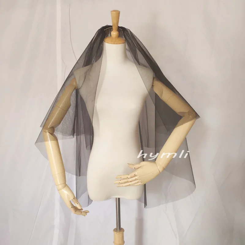 Two-Tier Tulle Black Wedding Veil with Metal Comb, Fingertip Length
