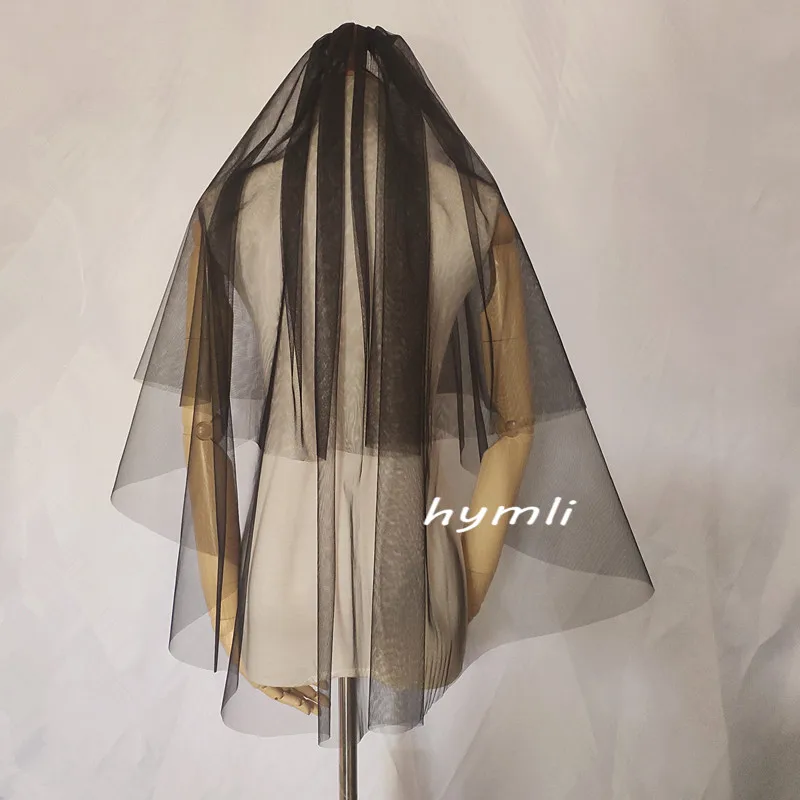 Two-Tier Tulle Black Wedding Veil with Metal Comb, Fingertip Length - Image 2