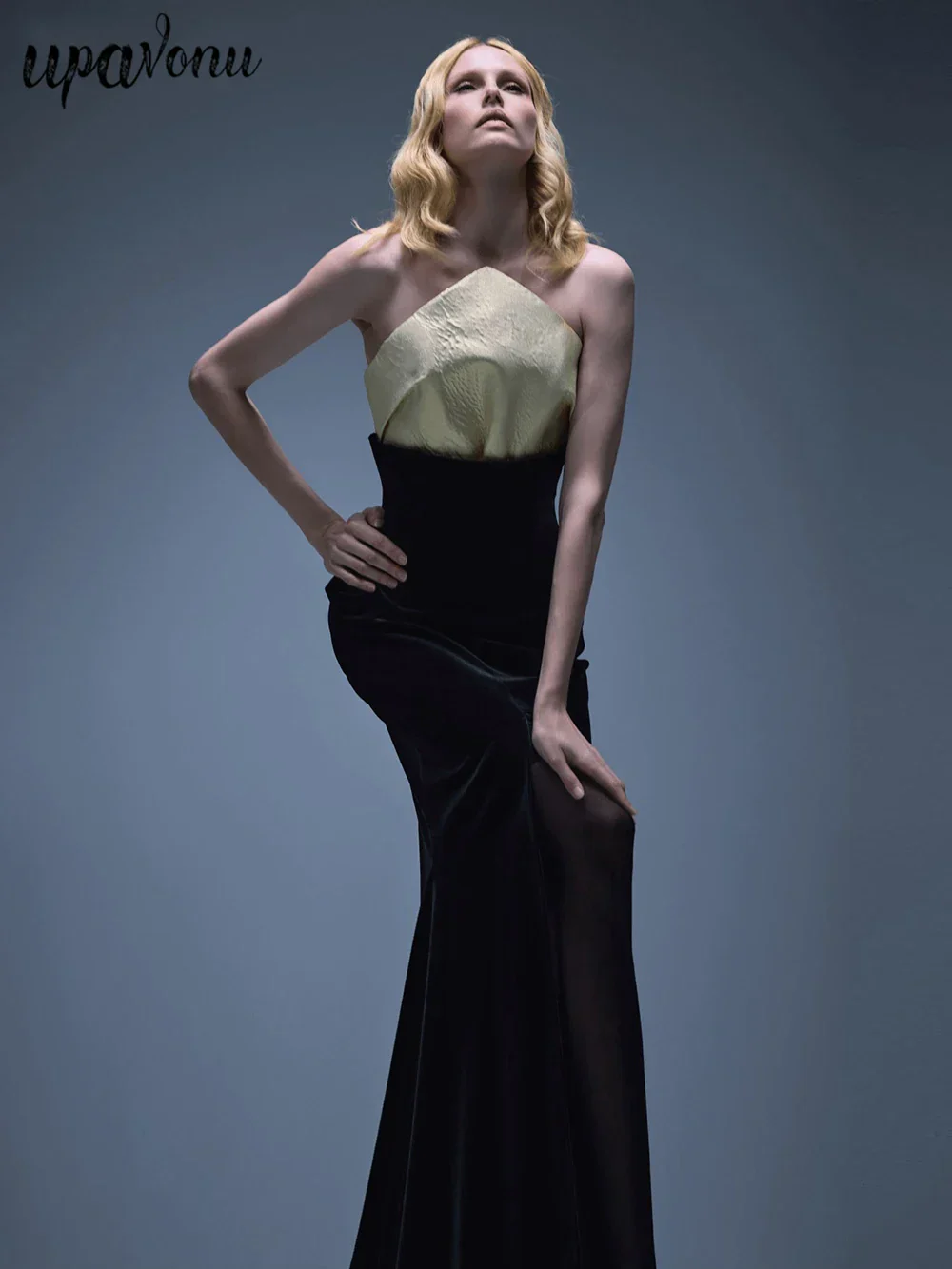 UpAvonu Elegant Strapless Patchwork Velvet Mermaid Long Dress Women Sexy Sleeveless Folds Slim Evening Runway Party Gown