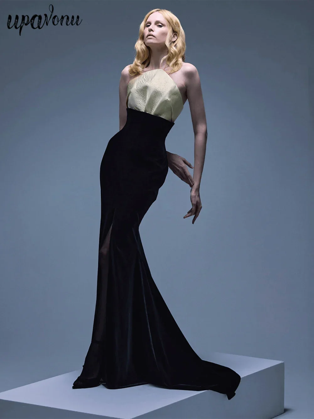 UpAvonu Elegant Strapless Patchwork Velvet Mermaid Long Dress Women Sexy Sleeveless Folds Slim Evening Runway Party Gown - Image 2