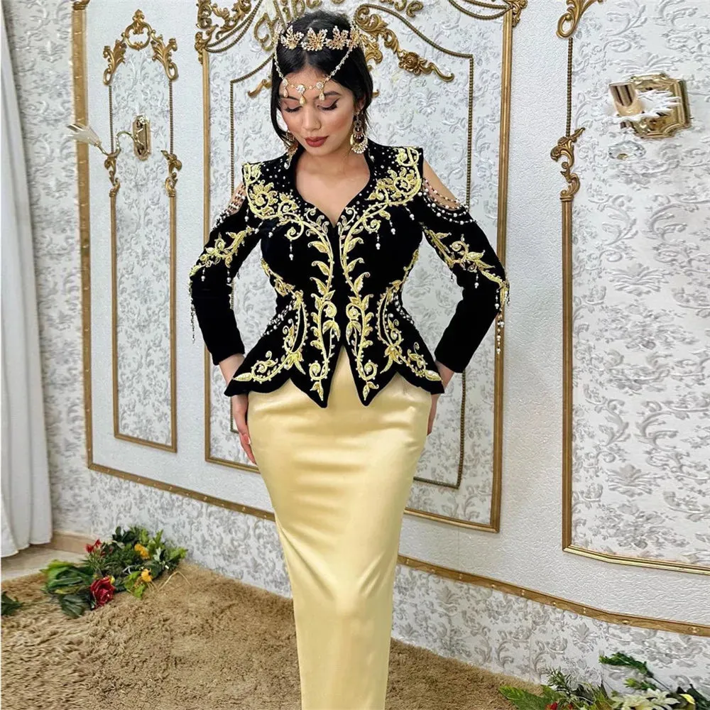 V-Neck Mermaid 2 Pieces Traditional Algerian with Overskirt Velour Gold Lace Formal Dress vestido de noiva Outfits