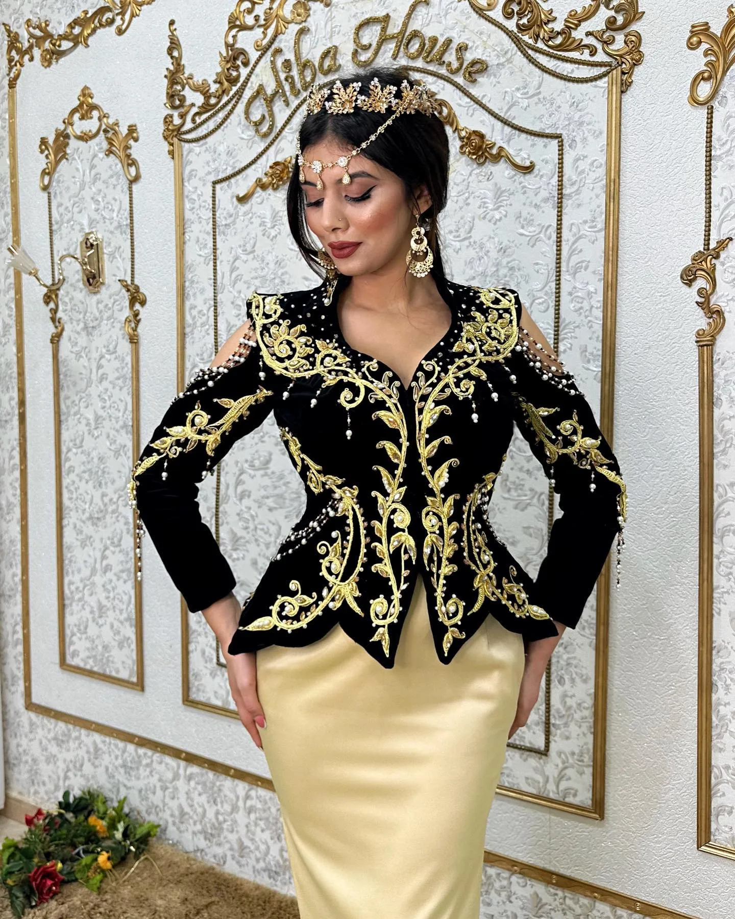 V-Neck Mermaid 2 Pieces Traditional Algerian with Overskirt Velour Gold Lace Formal Dress vestido de noiva Outfits - Image 2