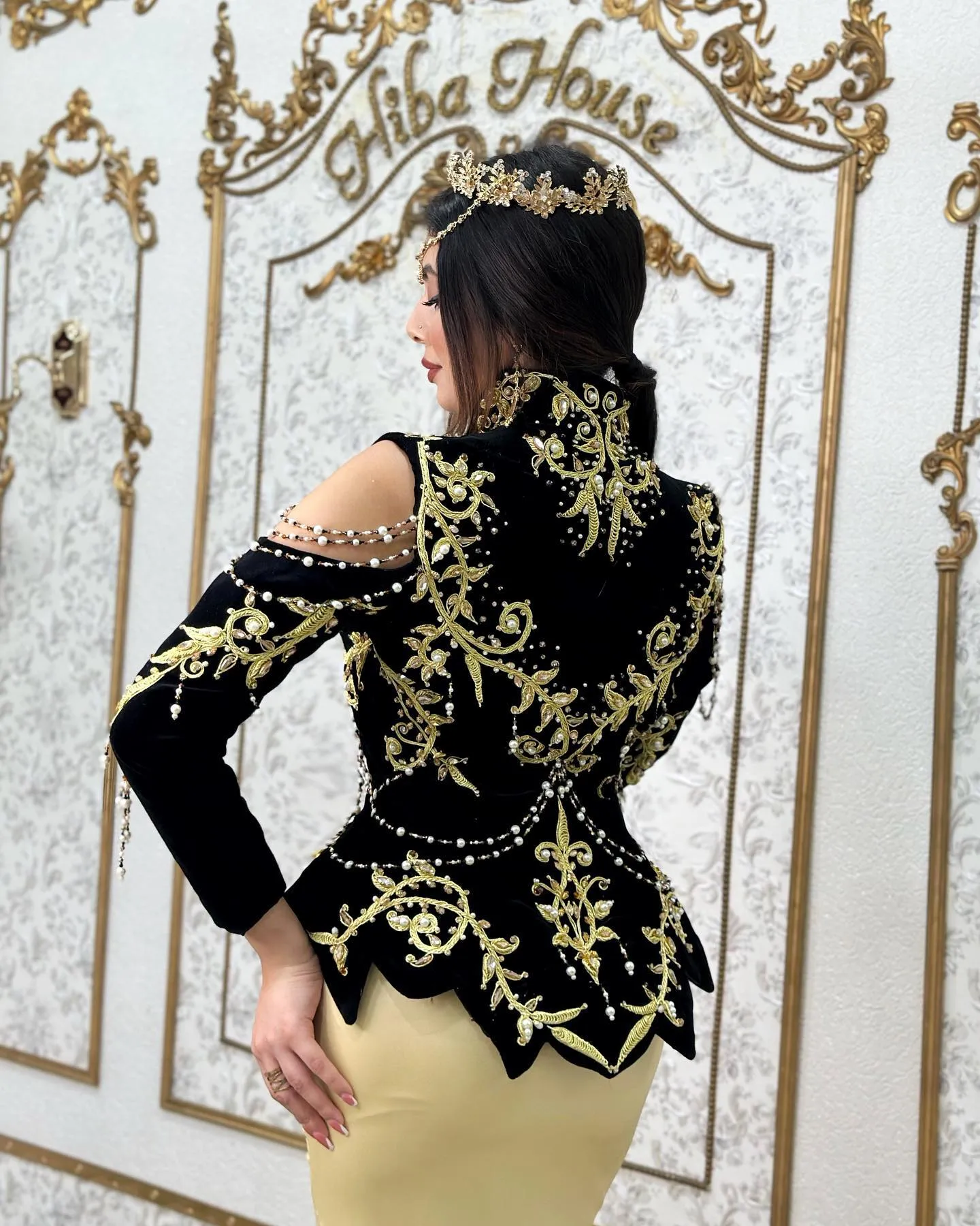 V-Neck Mermaid 2 Pieces Traditional Algerian with Overskirt Velour Gold Lace Formal Dress vestido de noiva Outfits - Image 3