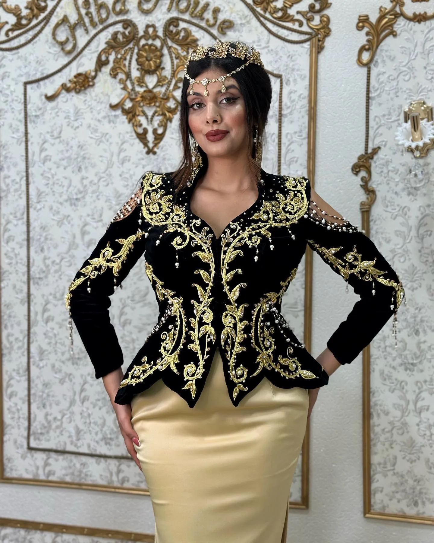 V-Neck Mermaid 2 Pieces Traditional Algerian with Overskirt Velour Gold Lace Formal Dress vestido de noiva Outfits - Image 4