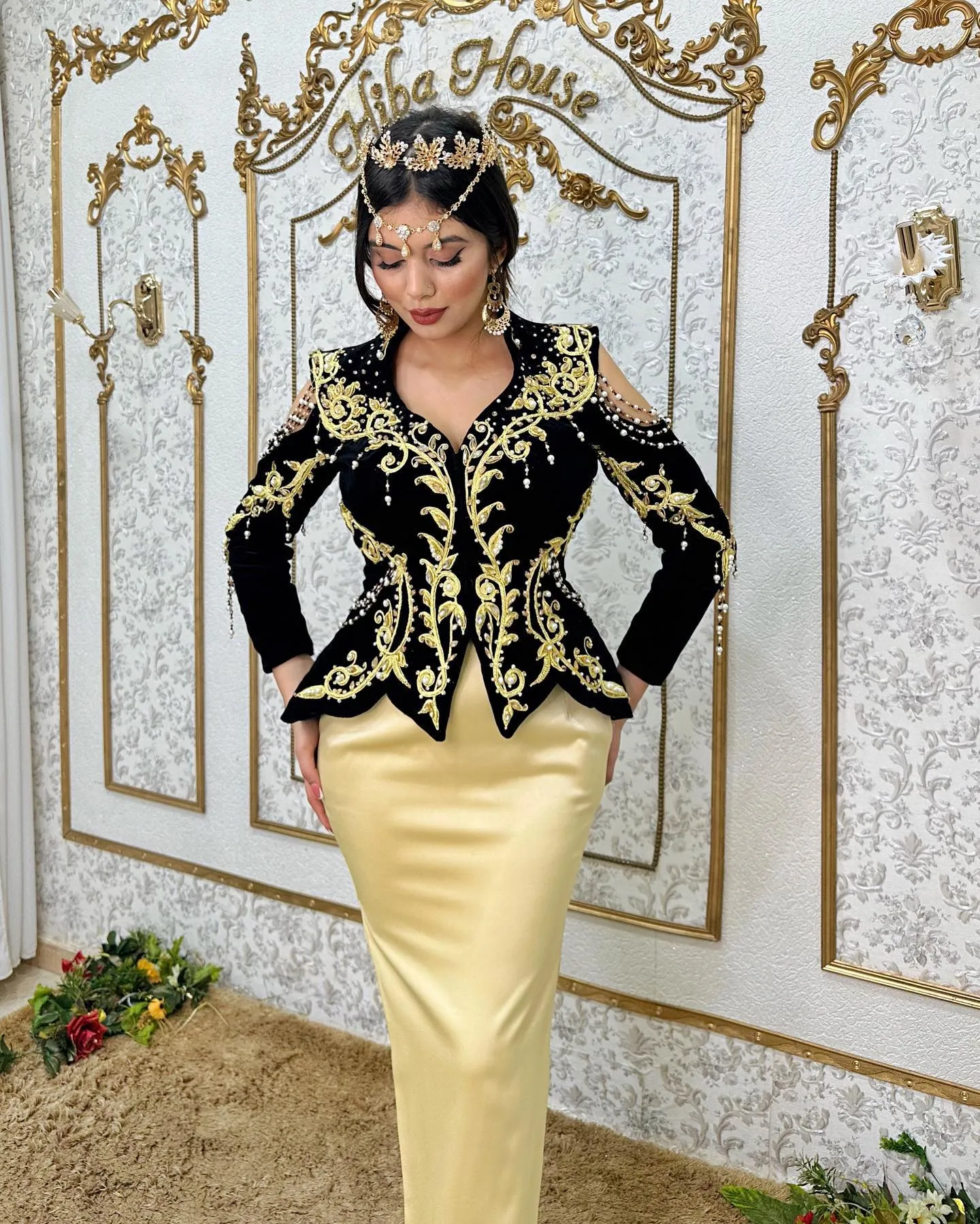 V-Neck Mermaid 2 Pieces Traditional Algerian with Overskirt Velour Gold Lace Formal Dress vestido de noiva Outfits - Image 5