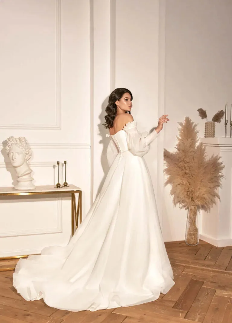 V-Neck Puff Sleeve Tulle Illusion Backless Bridal Gowns Sweep Train Vestidos De Novia - Image 2