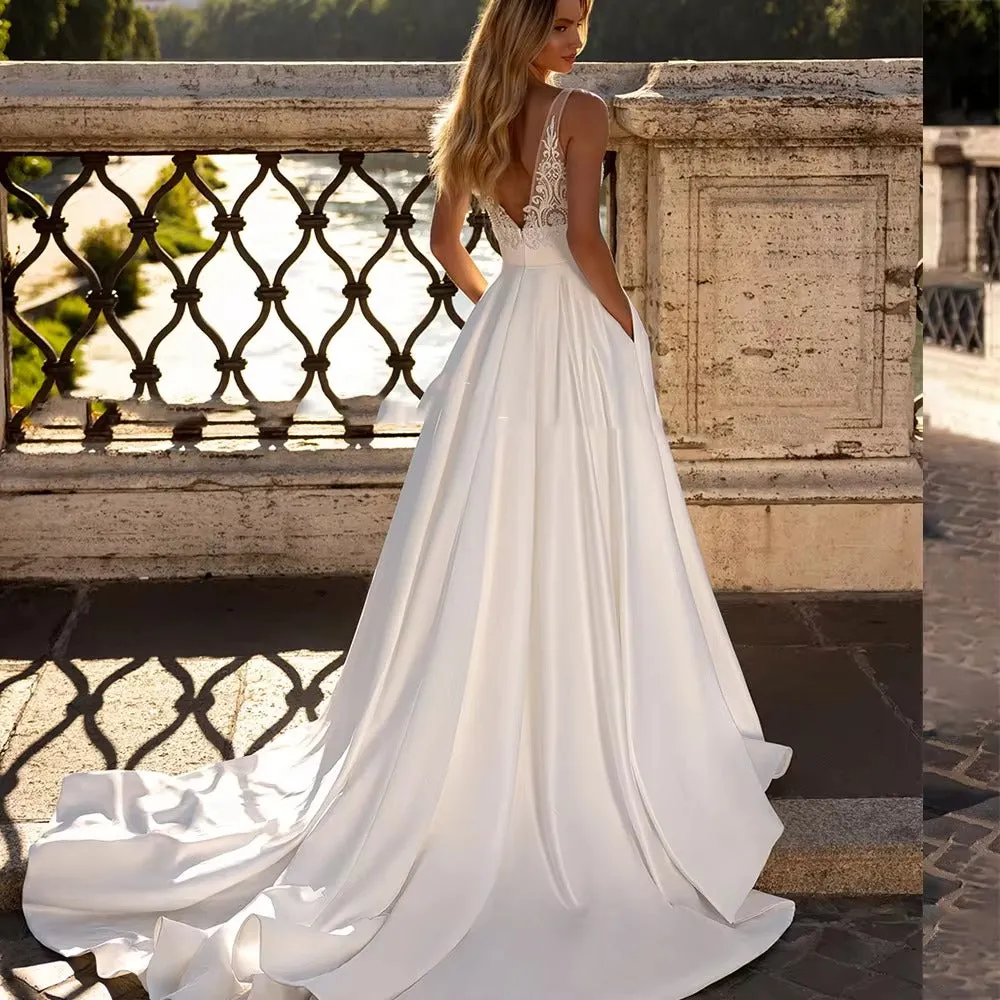 V Neck Sleeveless A-line Wedding Dresses Real Pictures Sweep Train Satin Wedding Gown Custom Made Vestido De Noiva - Image 2