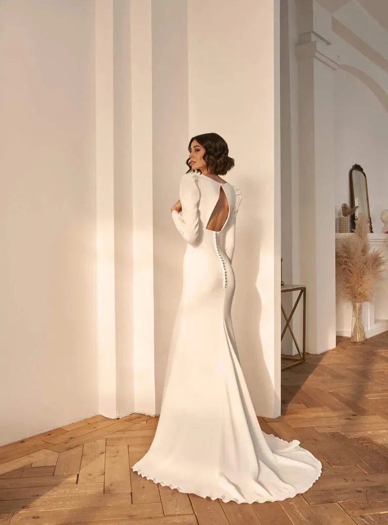 V-Neck Wedding Dresses Long Sleeve Sheath Bride Gown Sweep Train Pleats Satin Vestido De Novia - Image 2