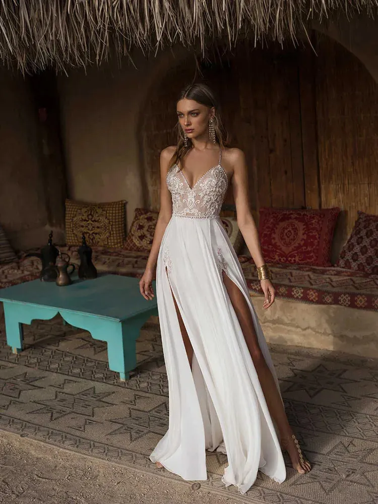 Verngo Boho Wedding Dress Sexy Side Slit Beach Wedding Dress V-Neck Bride Dress Spaghetti Straps Weeding Gowns Vestido De Noiva - Image 2