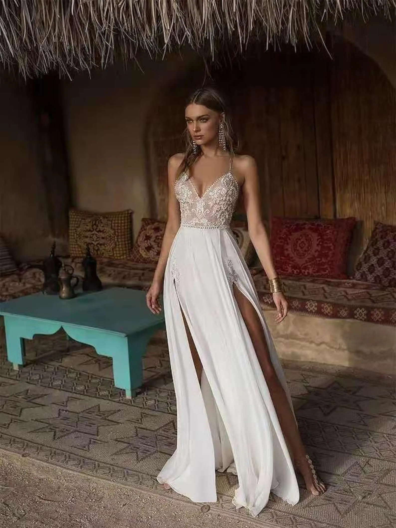 Verngo Boho Wedding Dress Sexy Side Slit Beach Wedding Dress V-Neck Bride Dress Spaghetti Straps Weeding Gowns Vestido De Noiva - Image 4