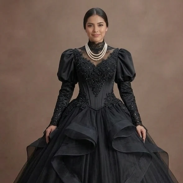 Victorian Black Quinceañera Dress Corset & Lace Detail - Image 4