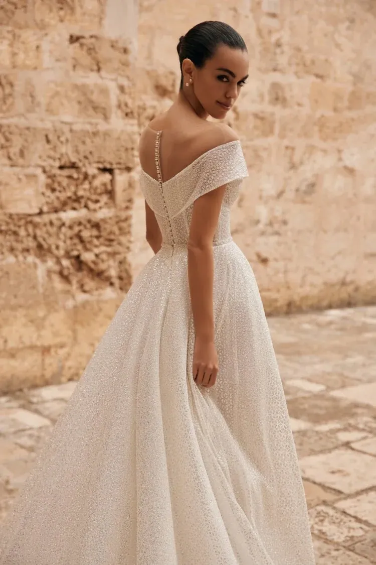 Vintage A-Line Wedding Gown – Strappy Illusion Neckline with Sequin Embellishments and a Natural Waistline for a Timeless Bridal Look - Image 3
