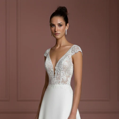 Short Sleeve Wedding Dress Lace Applique Long Train - Image 4