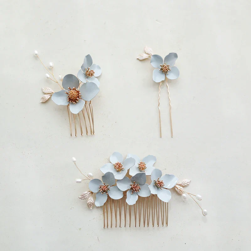 Wedding Accessories Blue Flower Hair Comb Pin Clip Leaf Hairpins For Brides Bridesmaids Women Headpiece Headband Bridal Jewelry - Image 2