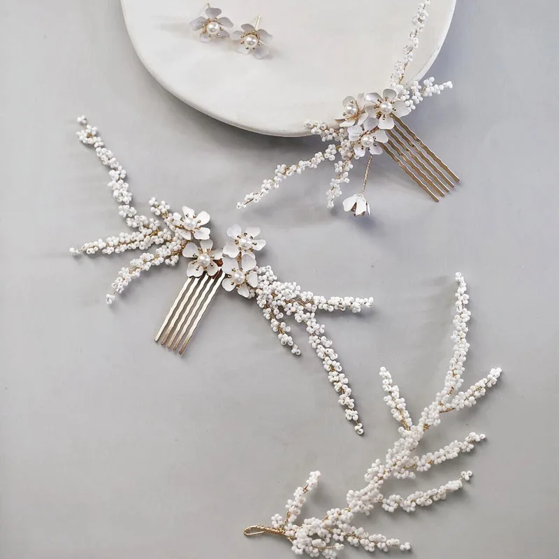 Wedding Accessories Gold Color Hairpins White Flower Head Pieces For Brides Bridesmaids Women Hair Combs Pin Clip Bridal Jewelry