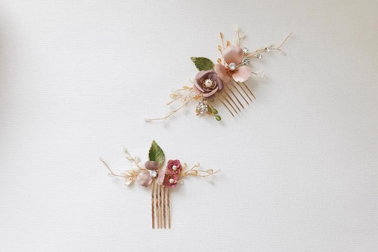 Wedding Accessories Pink Flower Hairpin Leaf Hair Comb Pin Clip For Brides Bridesmaids Crystal Pearl Head Piece Bridal Jewelry - Image 3