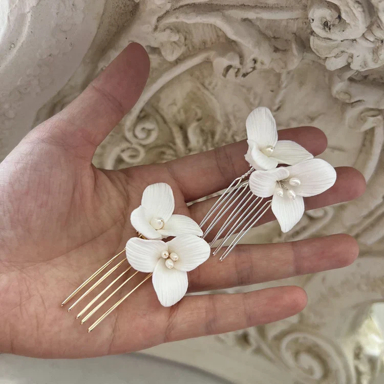 Wedding Accessories Porcelain Flower Hair Comb Clip Freshwater Pearl Hairpins For Brides Bridesmaids Head Pieces Bridal Jewelry - Image 3