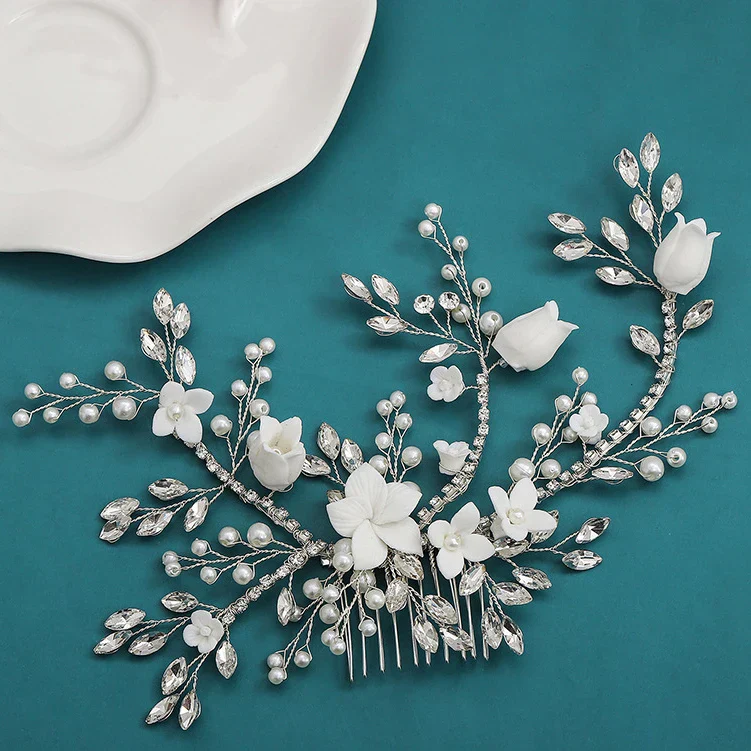 Wedding Accessories Porcelain Flower Hair Comb Pin Imitation Pearl Crystal Hairpin For Brides Women Head Pieces Bridal Jewelry