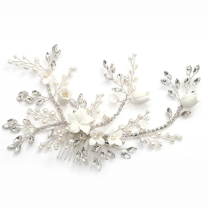 Wedding Accessories Porcelain Flower Hair Comb Pin Imitation Pearl Crystal Hairpin For Brides Women Head Pieces Bridal Jewelry - Image 2