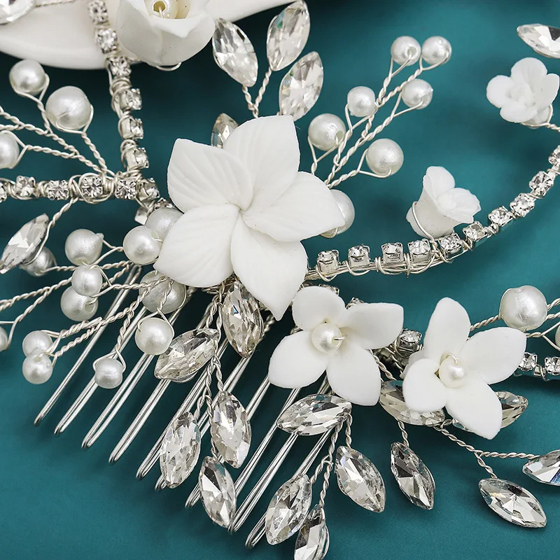 Wedding Accessories Porcelain Flower Hair Comb Pin Imitation Pearl Crystal Hairpin For Brides Women Head Pieces Bridal Jewelry - Image 3