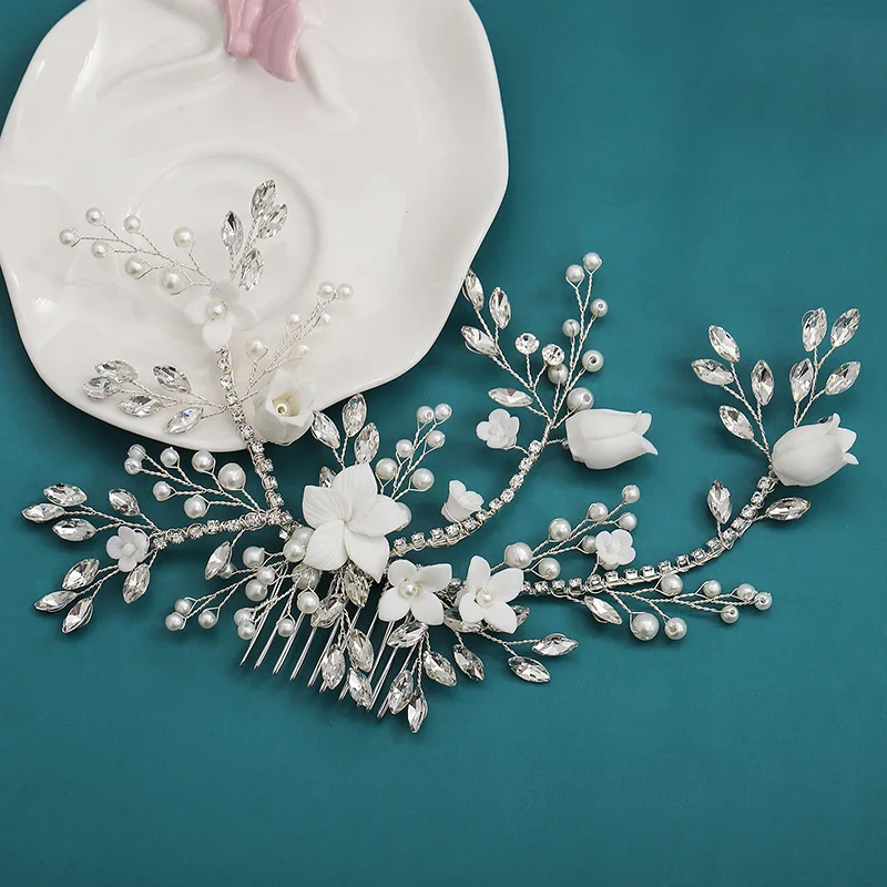 Wedding Accessories Porcelain Flower Hair Comb Pin Imitation Pearl Crystal Hairpin For Brides Women Head Pieces Bridal Jewelry - Image 4