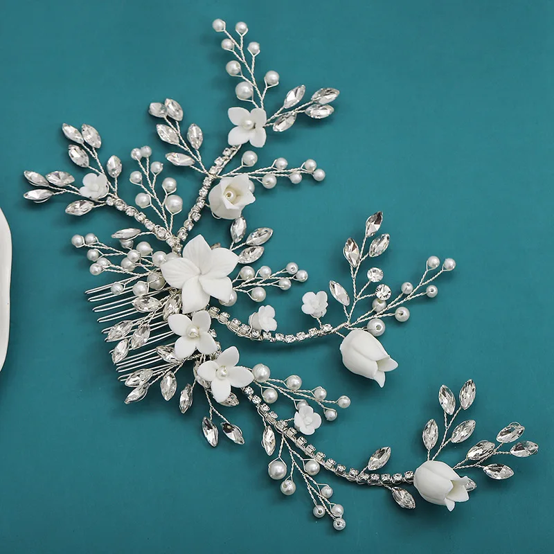 Wedding Accessories Porcelain Flower Hair Comb Pin Imitation Pearl Crystal Hairpin For Brides Women Head Pieces Bridal Jewelry - Image 5