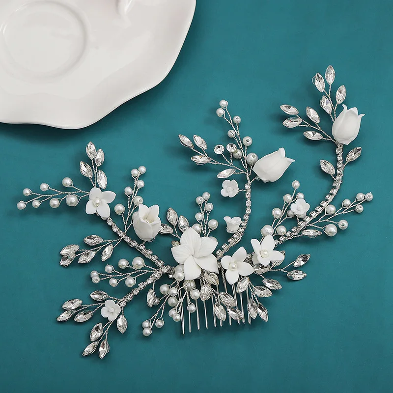 Wedding Accessories Porcelain Flower Hair Comb Pin Imitation Pearl Crystal Hairpin For Brides Women Head Pieces Bridal Jewelry - Image 6