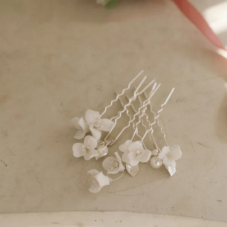 Wedding Accessories Porcelain Flower Hair Pin Clip Silver Color Head Piece For Brides Women Bridesmaids Hairpin Bridal Jewelry - Image 2