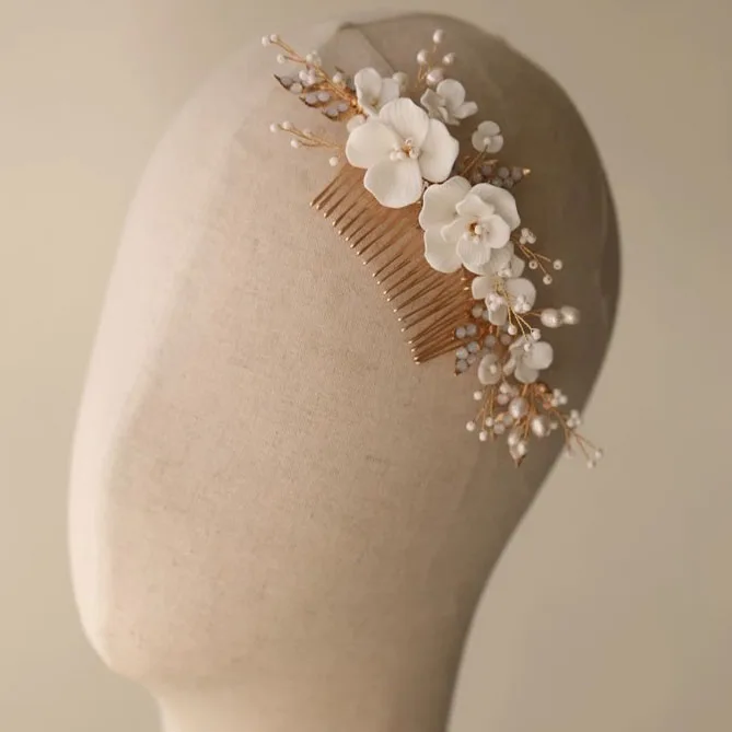 Wedding Accessories Porcelain Flower Hairpin Gold Color Head Piece Pearl Hair Combs Clip For Brides Birthday Gift Bridal Jewelry