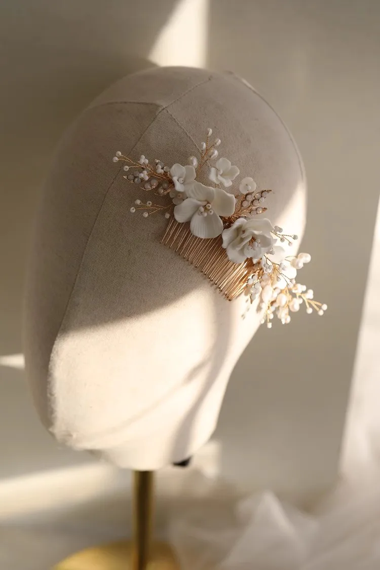 Wedding Accessories Porcelain Flower Hairpin Gold Color Head Piece Pearl Hair Combs Clip For Brides Birthday Gift Bridal Jewelry - Image 2