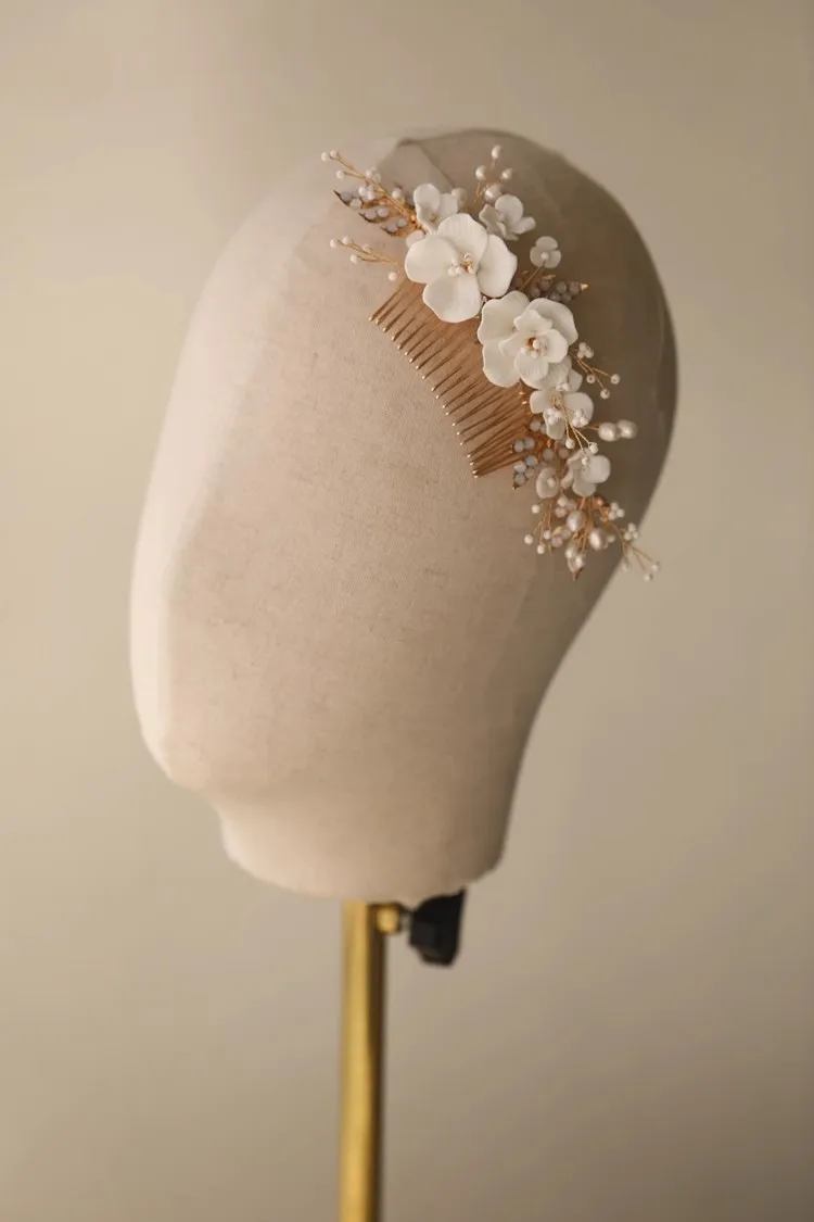 Wedding Accessories Porcelain Flower Hairpin Gold Color Head Piece Pearl Hair Combs Clip For Brides Birthday Gift Bridal Jewelry - Image 3