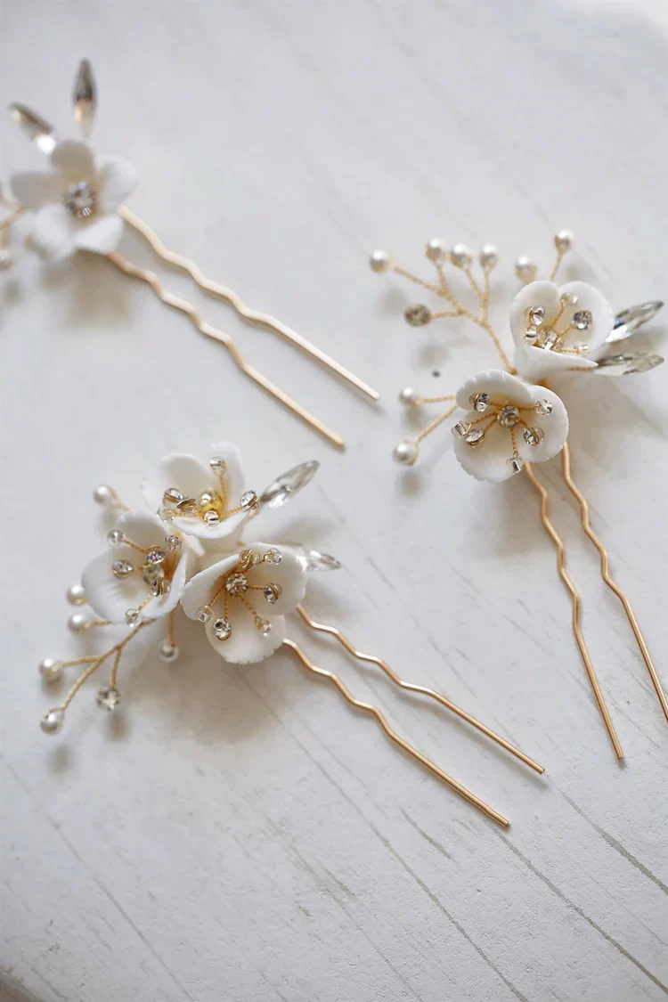 Wedding Accessories Rhinestones Crystal Head Pieces Porcelain Flower Hair Pins Clips Hairpins Brides Headdress Bridal Jewelry - Image 4