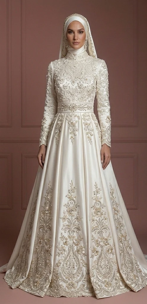 Wedding Dress in Ivory Satin – Modest Hijab Style for Nikah Muslim - Image 2