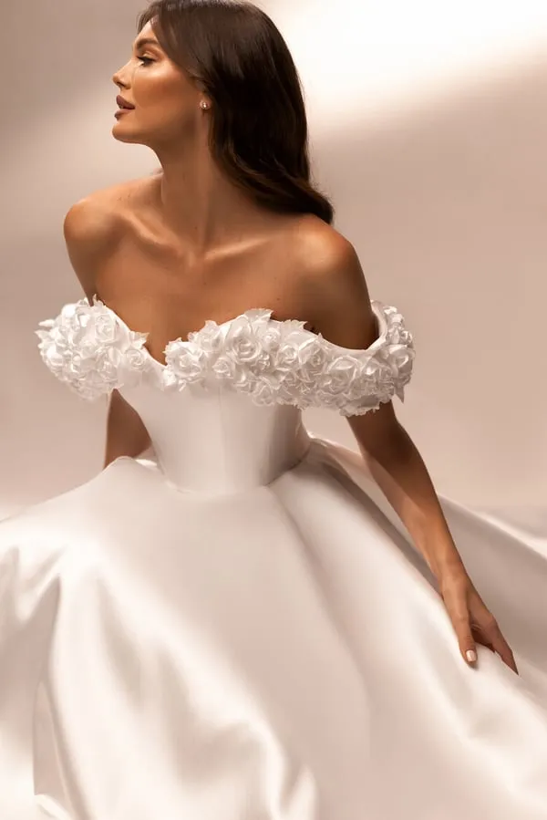 Wedding Dress Satin Off-the-shoulder A-Line Short Sleeve Floor-Length Elegant Exquisite Morden style Luxury - Image 3