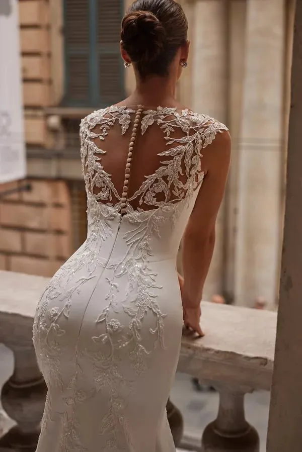 Wedding Dress with Soft Tulle Cap Sleeve Deep V Neck Sequined Applique Illusion Back Buttons Mermaid Bridal Gown For Bride - Image 2