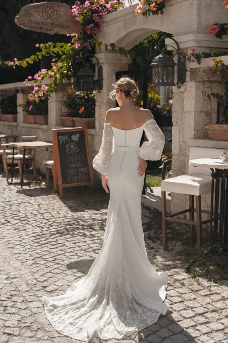 Wedding Dresses Mermaid Applique Satin Lace Puff Sleeve Bride Gown Backless Button Belt vestido de noiva Custom Made - Image 2