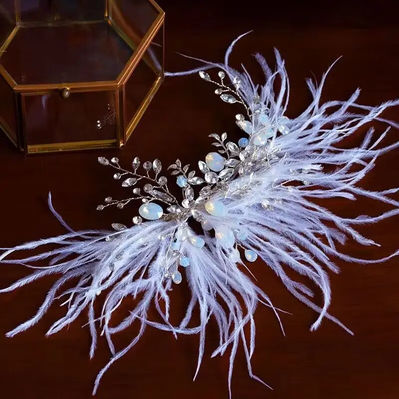 Wedding Hair Accessories Feather Headband Hairband Silver Color Headwear For Brides Women Crystal Opal Headpieces Bridal Jewelry