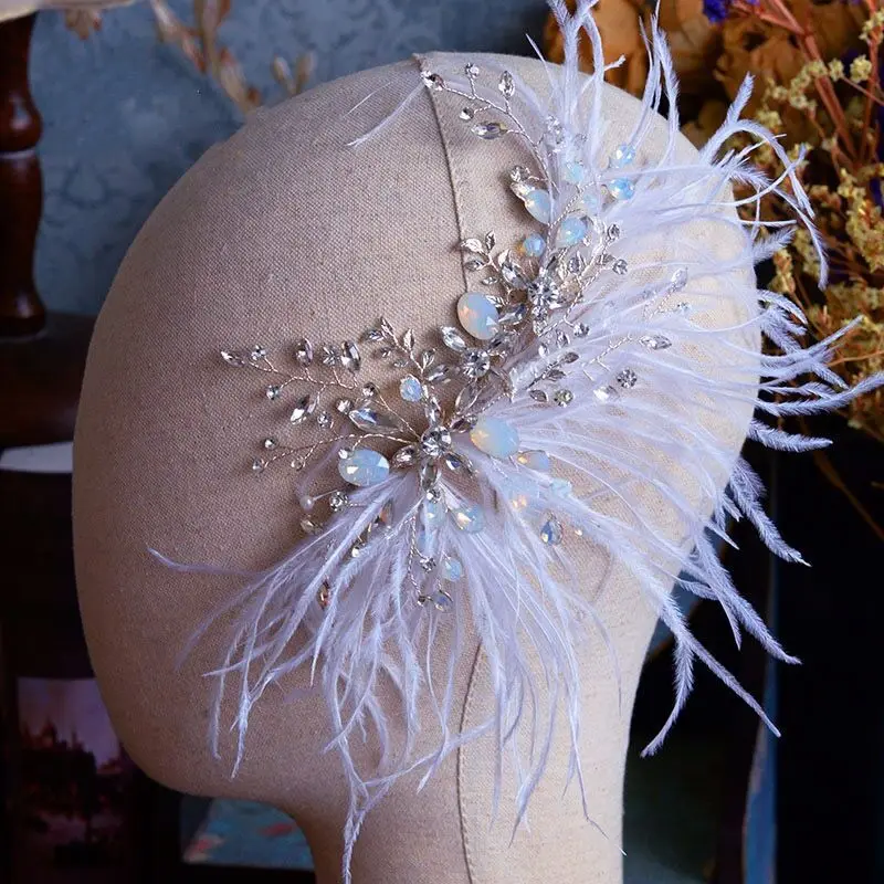 Wedding Hair Accessories Feather Headband Hairband Silver Color Headwear For Brides Women Crystal Opal Headpieces Bridal Jewelry - Image 2