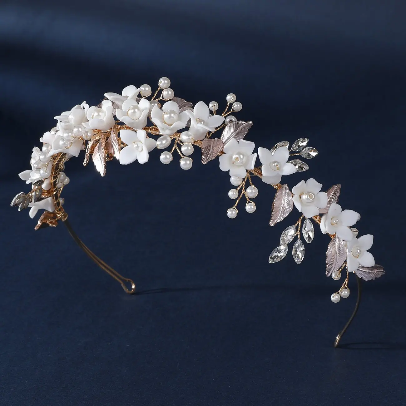 Wedding Hair Accessories Porcelain Flower Headband Hairband For Brides Handmade Gold Color Headpiece Headdress Bridal Jewelry - Image 2