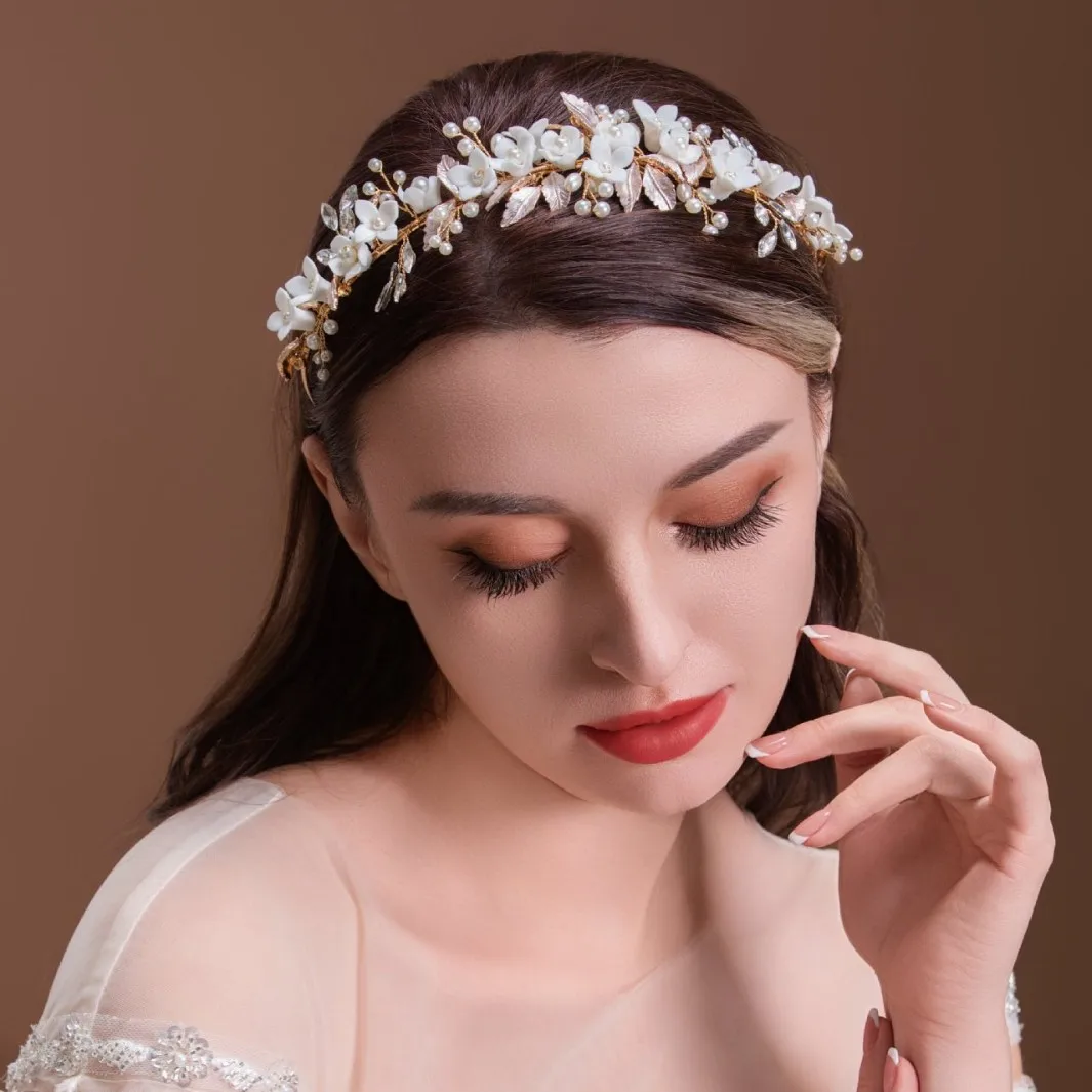 Wedding Hair Accessories Porcelain Flower Headband Hairband For Brides Handmade Gold Color Headpiece Headdress Bridal Jewelry - Image 3