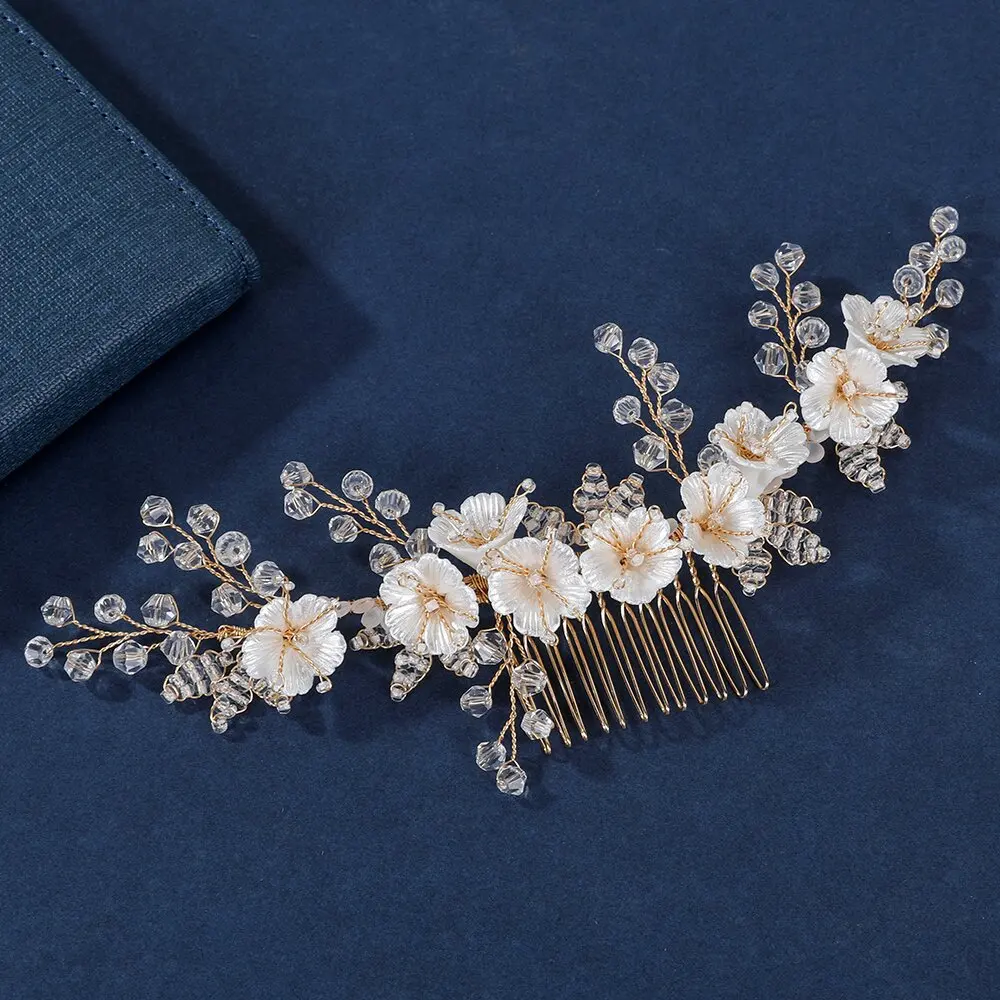 Wedding Hair Accessories Porcelain Flower Headband Hairband For Brides Handmade Gold Color Headpiece Headdress Bridal Jewelry - Image 6