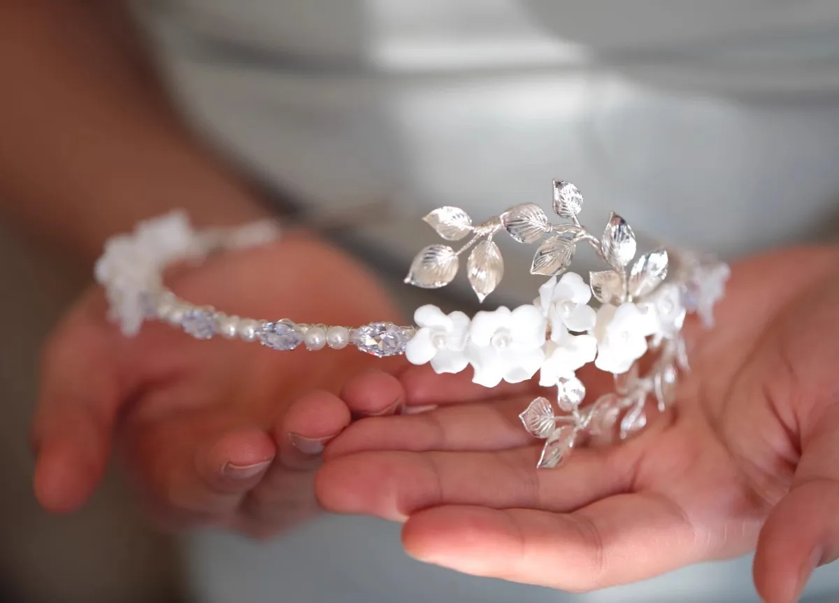 Wedding Hair Accessories Porcelain Flower Headband Tiara Crystal Pearl Headwear For Brides Women Headpieces Crown Bridal Jewelry - Image 2