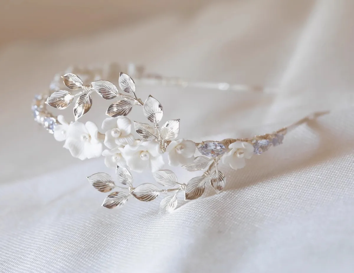 Wedding Hair Accessories Porcelain Flower Headband Tiara Crystal Pearl Headwear For Brides Women Headpieces Crown Bridal Jewelry - Image 3