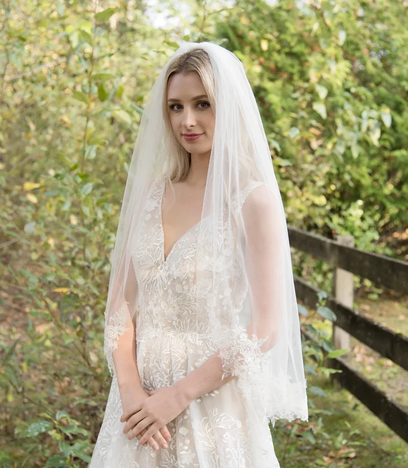 Wedding Veil with Lace Appliqued Light Ivory Elbow and Fingertip Length Bridal Veil - Image 3
