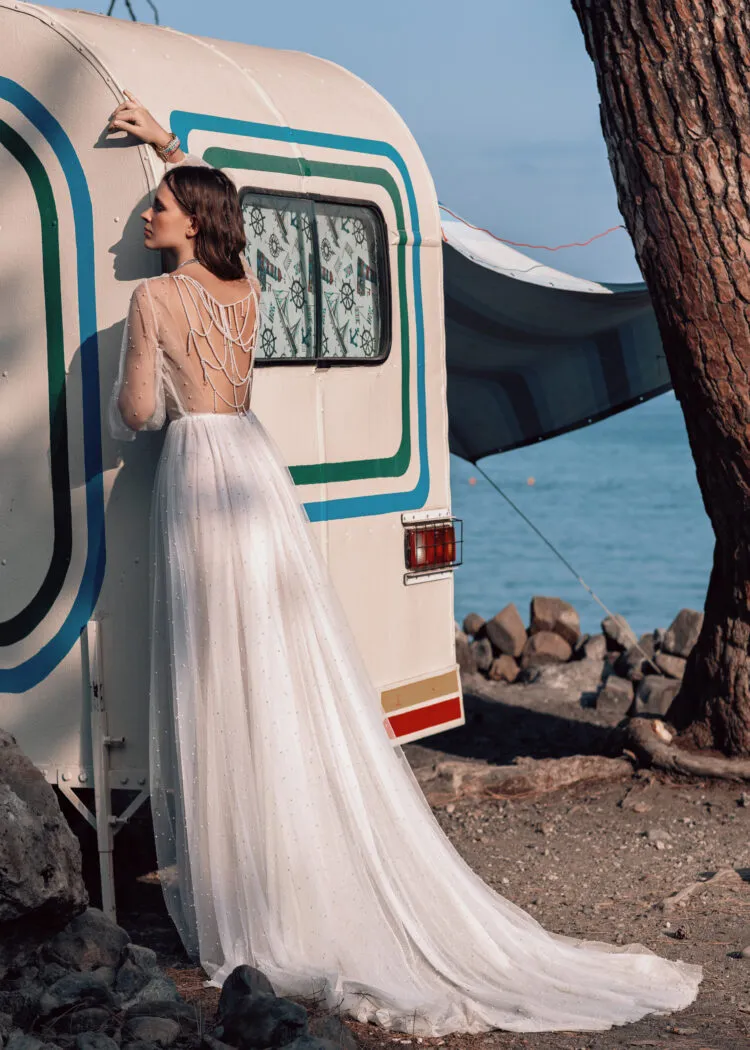 Whimsical A-Line Beach Wedding Dress with Long Sleeves, Illusion Neckline & Flattering Natural Waistline for a Dreamy Boho Look - Image 2