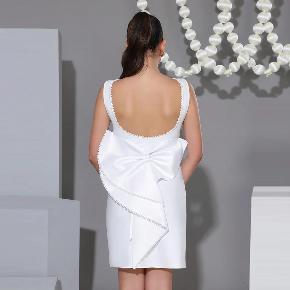White Backless Pearl Bow Evening Party Dress Bandage Women Robes Elegant Sexy Dress Bodycon Mini Summer Dress Vestidos - Image 8