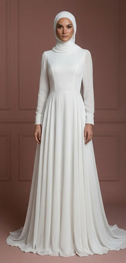 White Chiffon Long Sleeve Wedding Dress – Modest Hijab Collection Muslim - Image 2