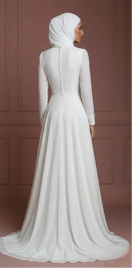 White Chiffon Long Sleeve Wedding Dress – Modest Hijab Collection Muslim - Image 3